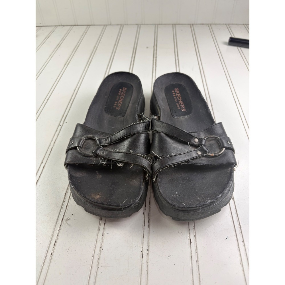 Skechers Vintage Y2K Black Leather Platform Slide Sandals Women's Size 7 - Picture 2 of 11